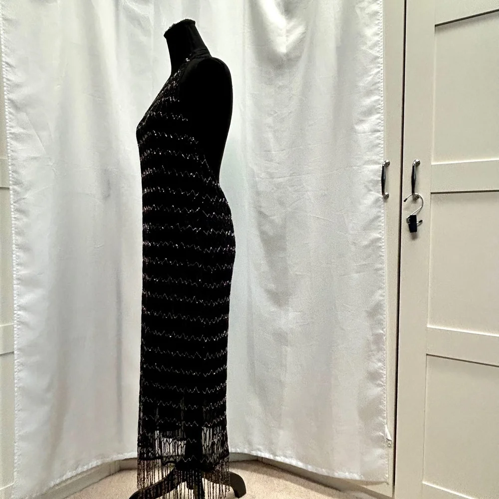 Zara Festive days limited collection black silver beaded fringe midi dress L NWT - Picture 5 of 13